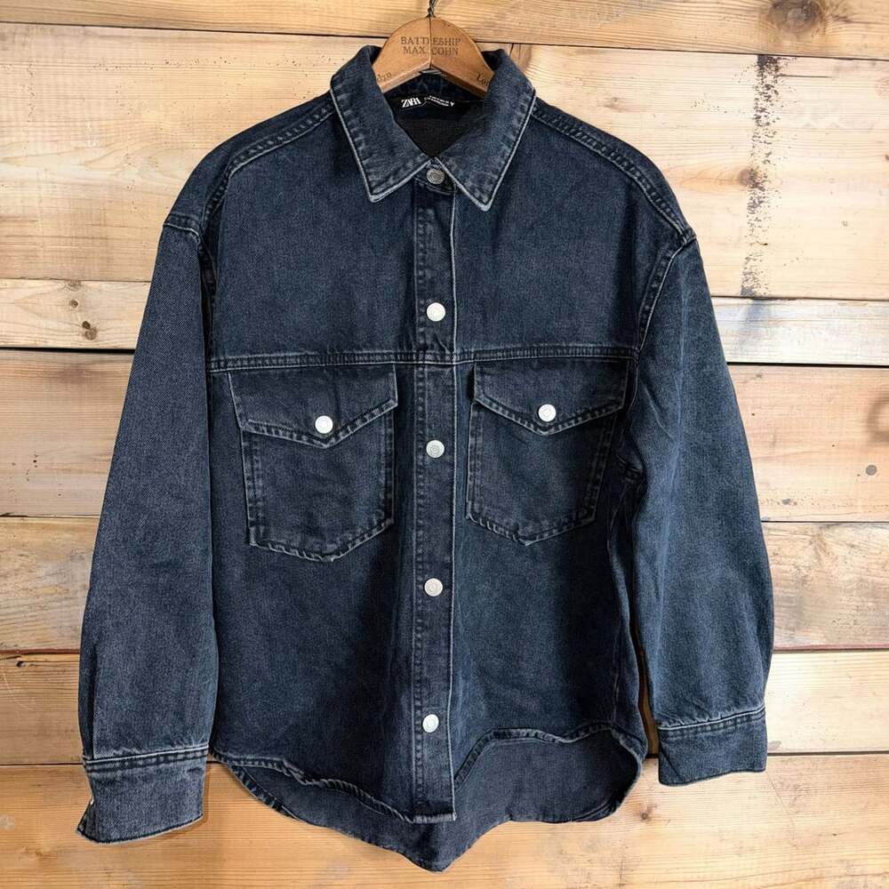 Zara Denim Overshirt Size S Black Acid Wash Button Up Jacket